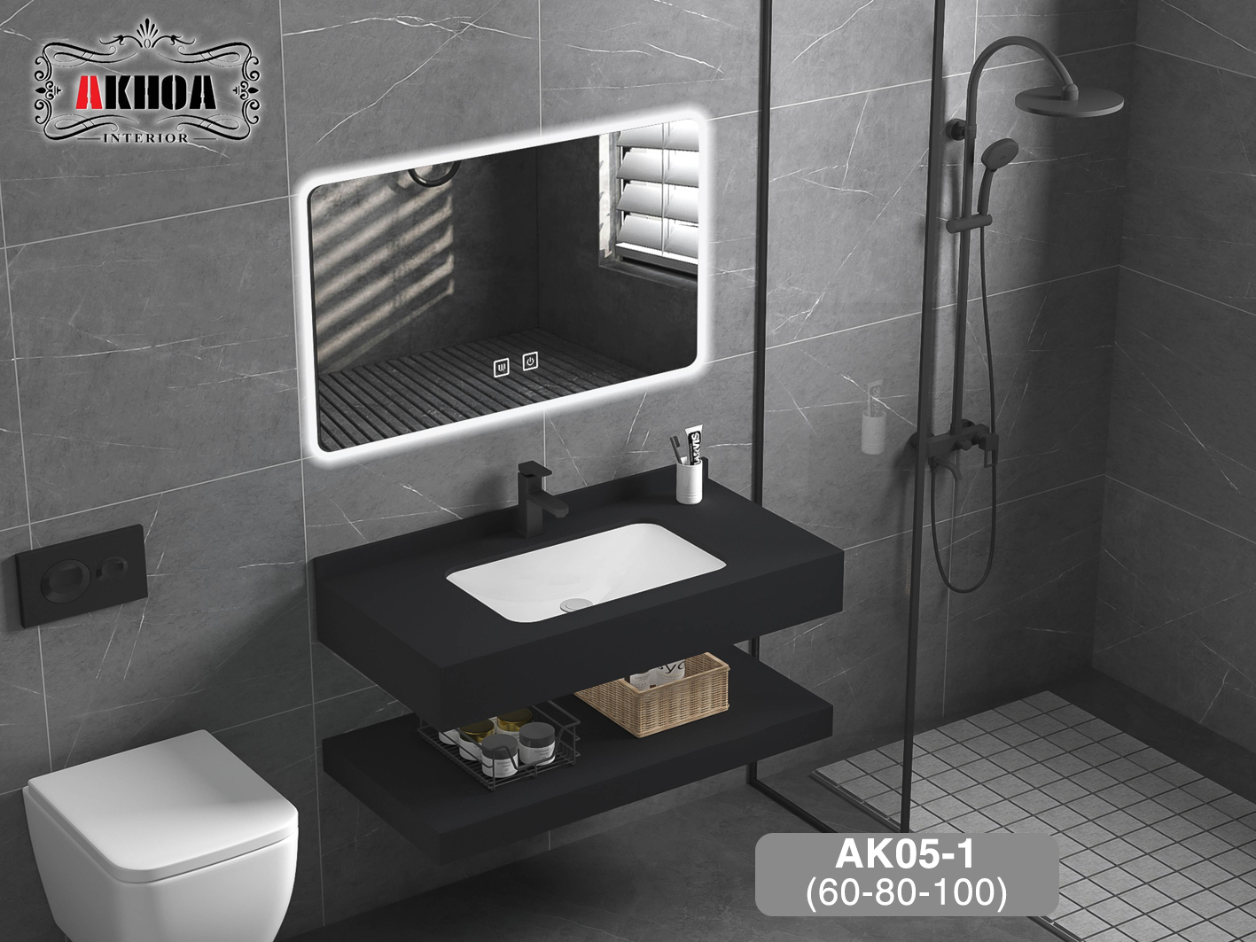 Tủ chậu lavabo mặt đá 2 tầng AKhoa AK05-1(60-80-100)