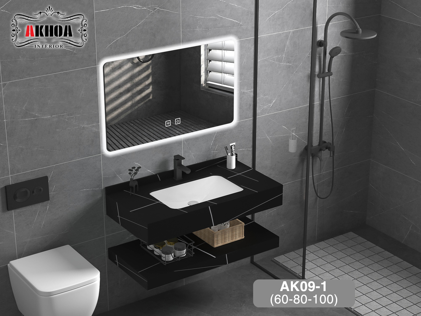 Tủ chậu lavabo mặt đá 2 tầng AKhoa AK09-1(60-80-100)