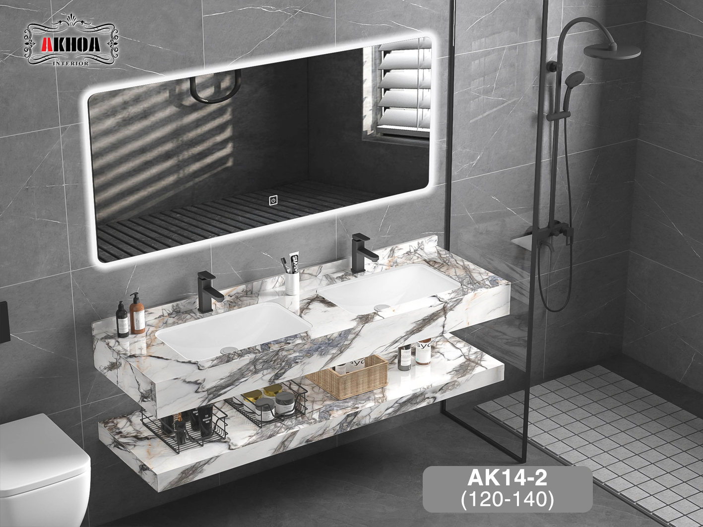 Tủ chậu lavabo mặt đá 2 tầng AKhoa AK14-2(120-140)