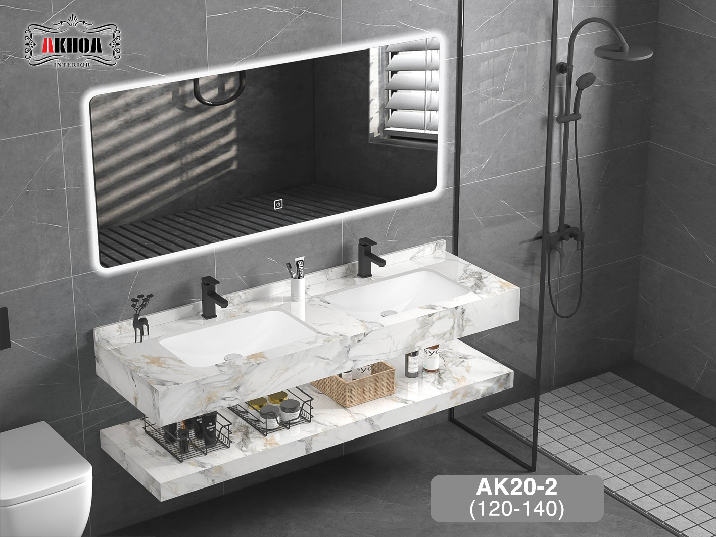 Tủ chậu lavabo mặt đá 2 tầng AKhoa AK20-2(120-140)