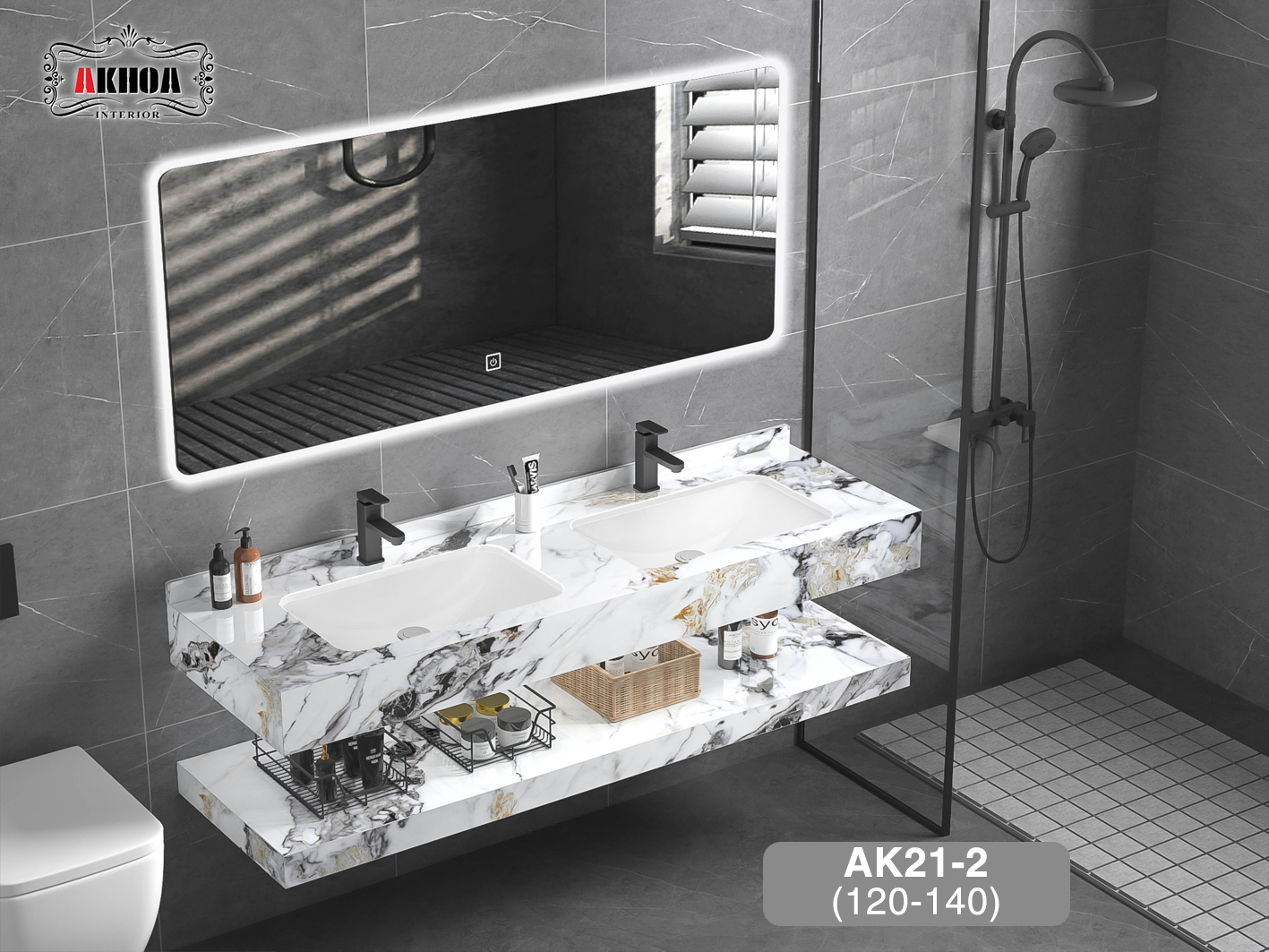 Tủ chậu lavabo mặt đá 2 tầng AKhoa AK21-2(120-140)